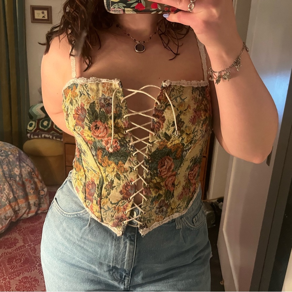 Floral Lace-Up Corset Top